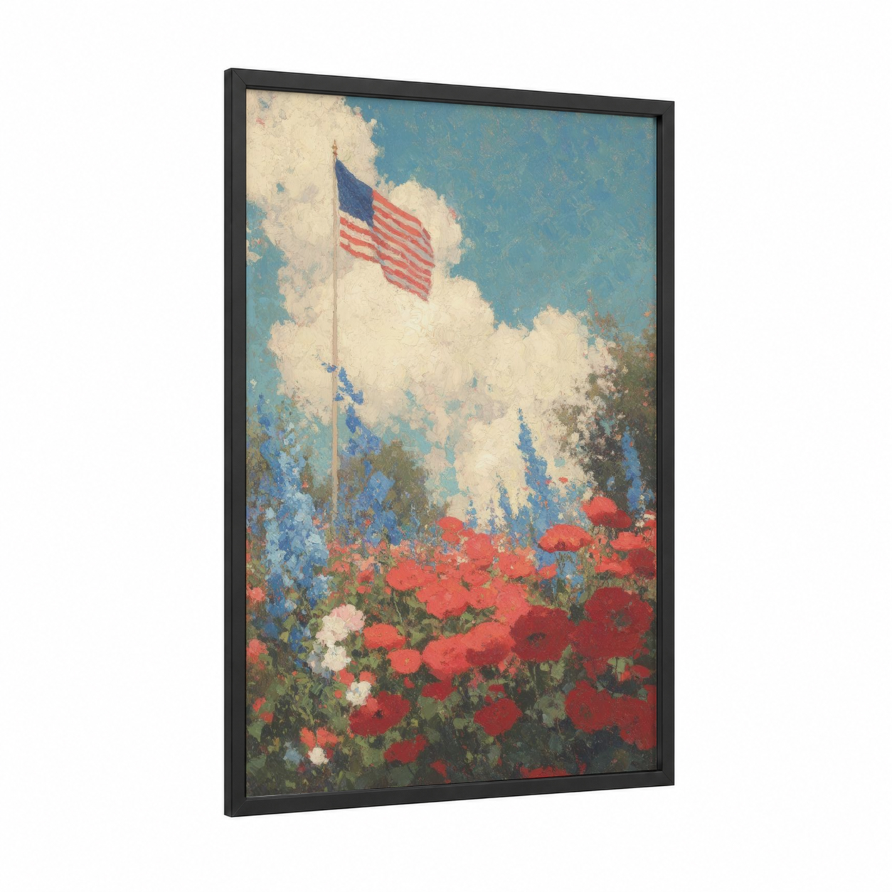 Patriotic Flag Garden framed 4th of july print — black wood frame — red and blue and white palette