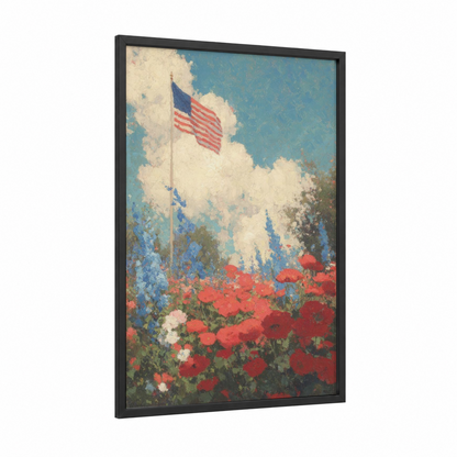 Patriotic Flag Garden framed 4th of july print — black wood frame — red and blue and white palette