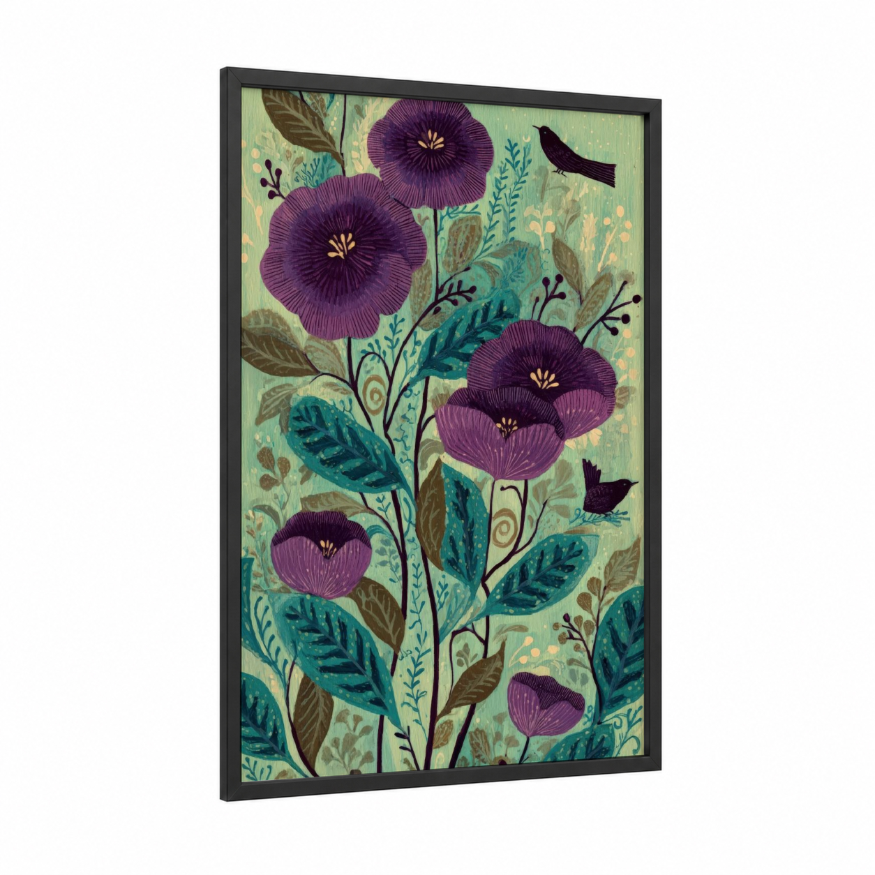 Purple Violets Garden framed art print — black wood frame — purple and sage green palette