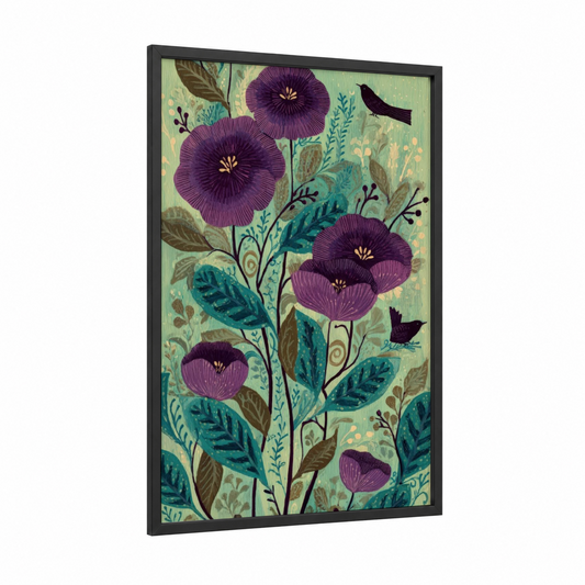 Purple Violets Garden framed art print — black wood frame — purple and sage green palette