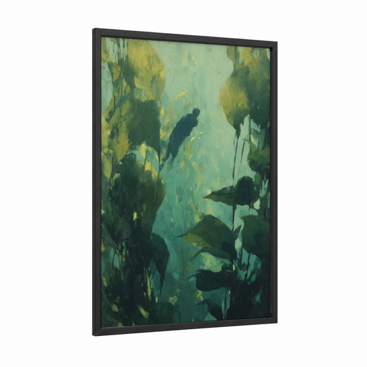 Kelp Forest Snorkeling framed art print — black wood frame — green and gold palette