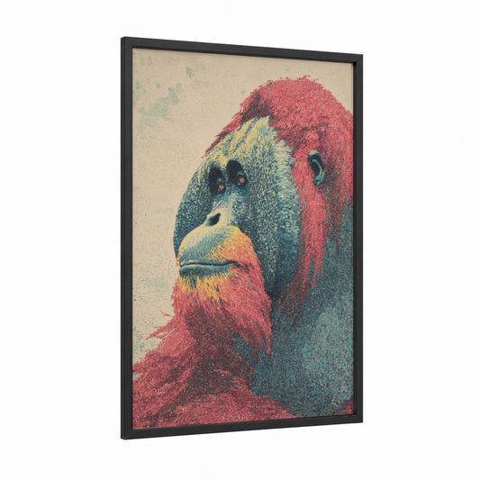 Crimson Orangutan framed art print — black wood frame — red and teal palette
