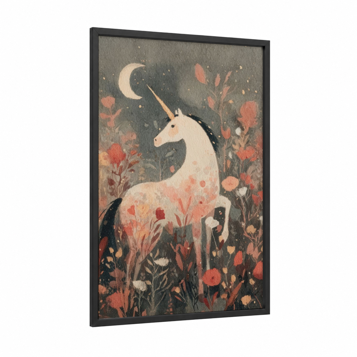 Moonlit Unicorn framed unicorns print — black wood frame — white and salmon pink palette