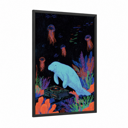 Cosmic Manatee framed manatees print — black wood frame — blue and orange palette