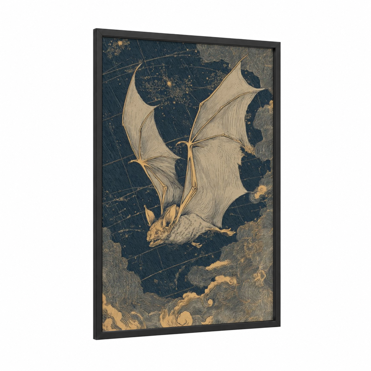 Nocturnal Bat Flight framed art print — black wood frame — dark blue and gold palette
