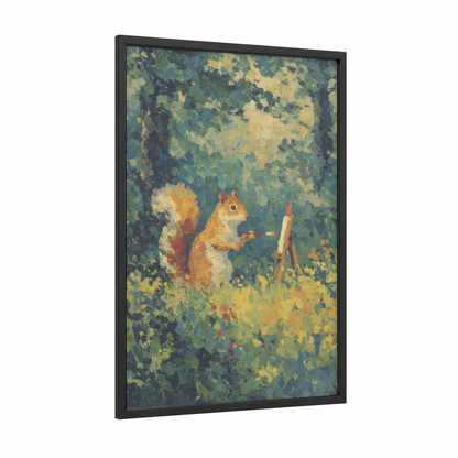 Forest Squirrel framed art print — black wood frame — yellow gold and true green palette