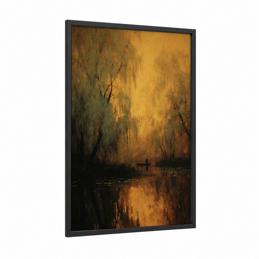Golden Willow Reverie framed willow forest print — black wood frame — gold and olive palette
