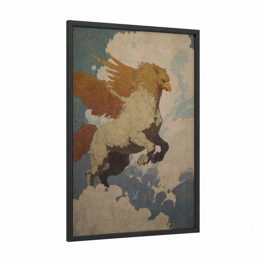 Winged Chimera framed art print — black wood frame — gold and blue and gray palette