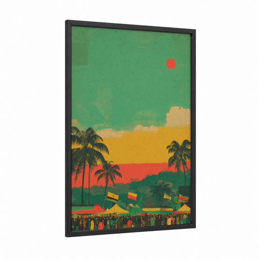 Reggae Festival Sunset framed art print — black wood frame — green and yellow gold palette