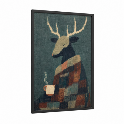 Cozy Reindeer framed art print — black wood frame — dove gray and russet palette