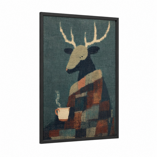 Cozy Reindeer framed art print — black wood frame — dove gray and russet palette