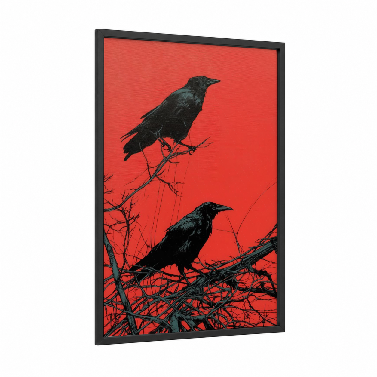 Crimson Crows framed crows and ravens print — black wood frame — red and black palette