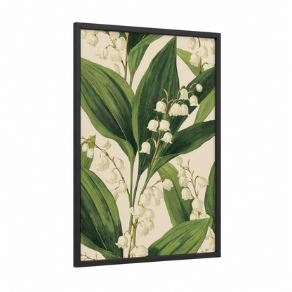 Lily of the Valley framed may day print — black wood frame — white and light green palette