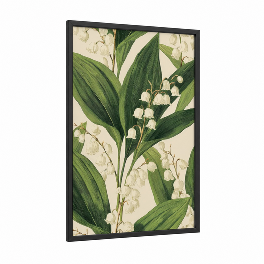 Lily of the Valley framed may day print — black wood frame — white and light green palette