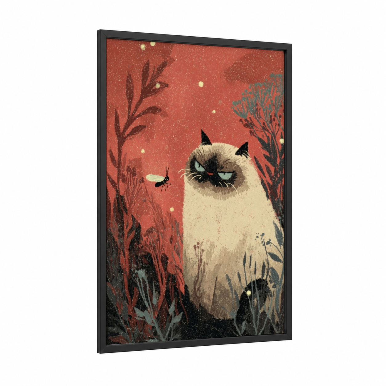 Grumpy Firefly Watcher framed fireflies print — black wood frame — russet and cream palette