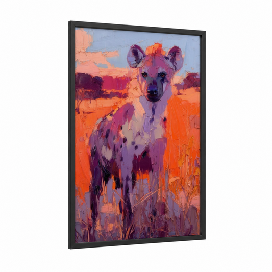 Sunset Hyena framed art print — black wood frame — orange and magenta palette