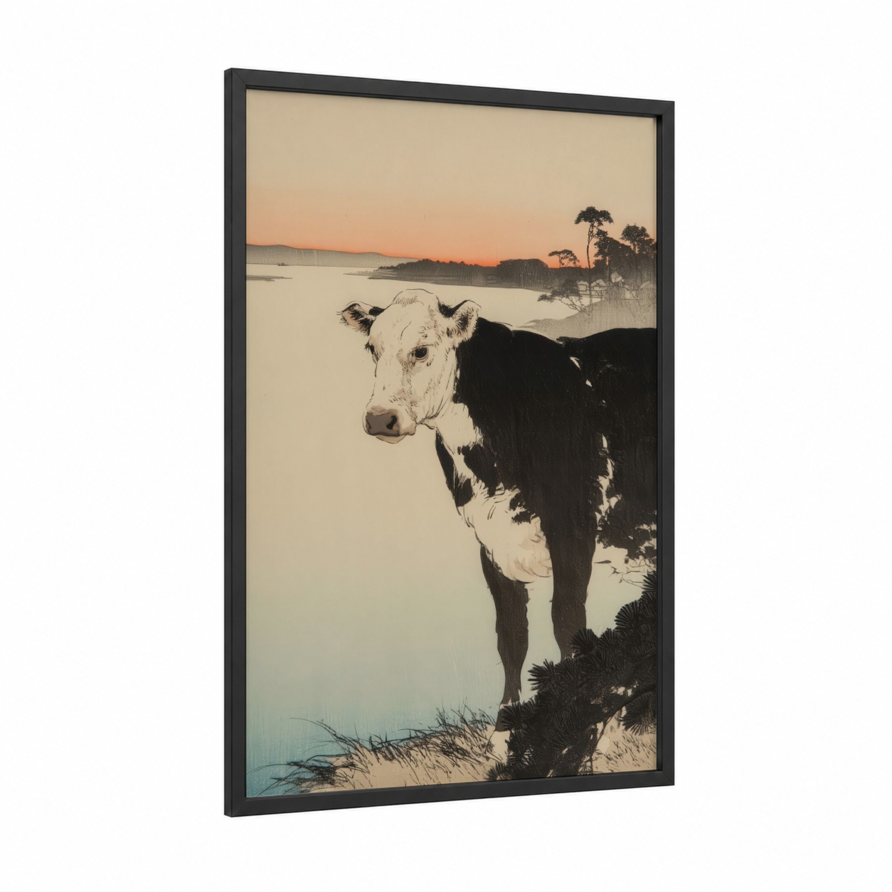 Lakeside Angus framed angus cow print — black wood frame — black and white and gold palette