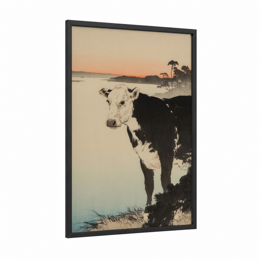Lakeside Angus framed angus cow print — black wood frame — black and white and gold palette
