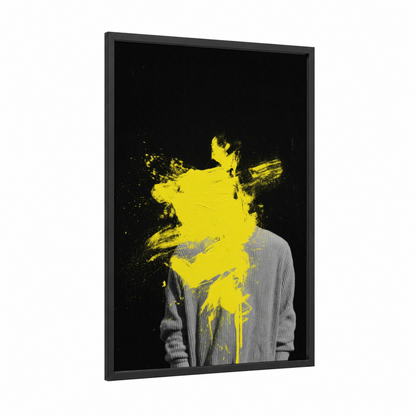 Yellow Burst Portrait framed abstract classic print — black wood frame — yellow gold and black and white palette