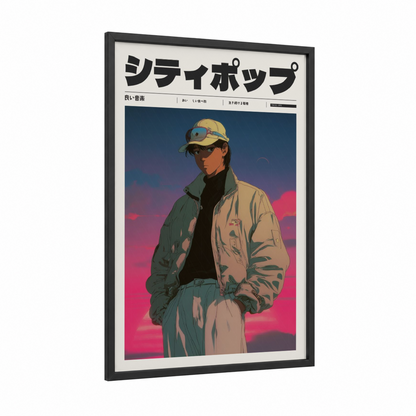 Sunset Streetwear framed anime and manga print — black wood frame — magenta and gold palette