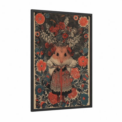 Floral Hamster framed art print — black wood frame — red and dark blue palette