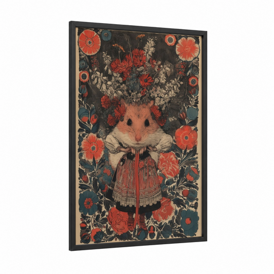 Floral Hamster framed art print — black wood frame — red and dark blue palette