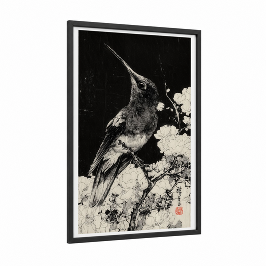 Hummingbird Among Blooms framed art print — black wood frame — black and white palette