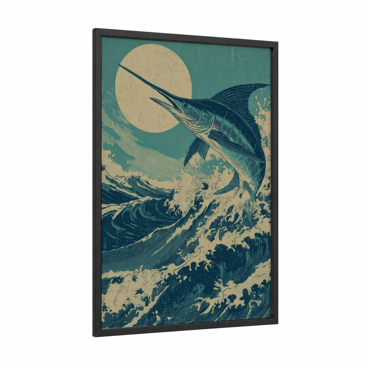 Wave-Leaping Marlin framed blue marlin print — black wood frame — teal and cream palette