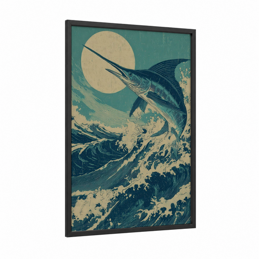 Wave-Leaping Marlin framed blue marlin print — black wood frame — teal and cream palette
