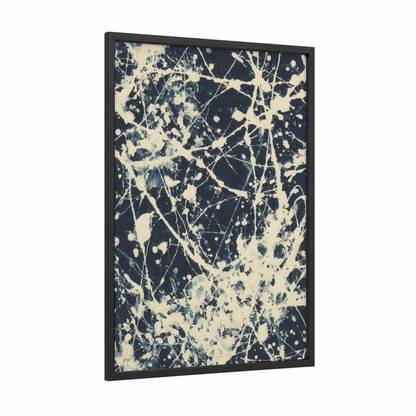 Cosmic Splatter framed abstract expressionism print — black wood frame — black and white and dark blue palette