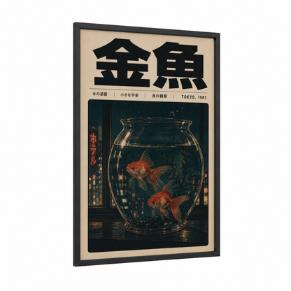 Japanese Goldfish Bowl Retrofuturism Wall Art framed art print — black wood frame — orange and dark blue palette