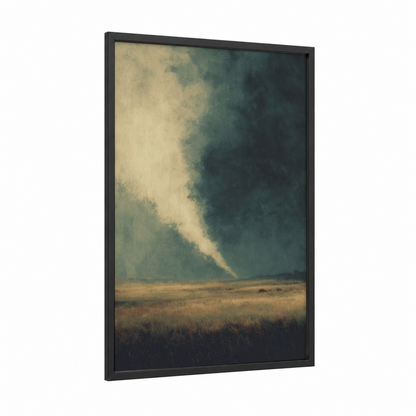 Tornado Approaching framed art print — black wood frame — gold and dark blue palette