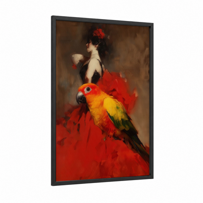 Crimson Macaw Elegance framed safari parrots print — black wood frame — red and gold and silver palette