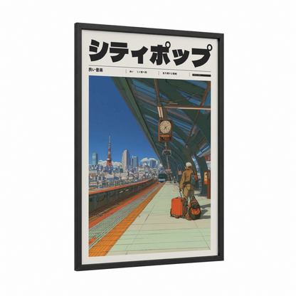 Tokyo Station Vintage framed japanese retrofuturism print — black wood frame — blue and orange palette