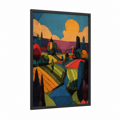 Tuscan Vineyard framed vineyards print — black wood frame — gold and blue palette