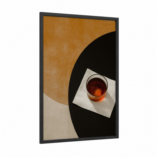 Amber Tea Moment framed iced tea print — black wood frame — black and gold and cream palette