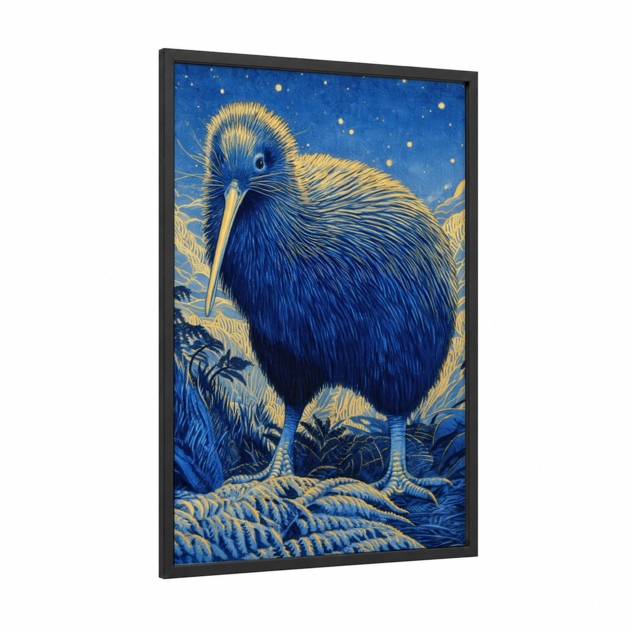 Starry Kiwi framed art print — black wood frame — blue and gold palette