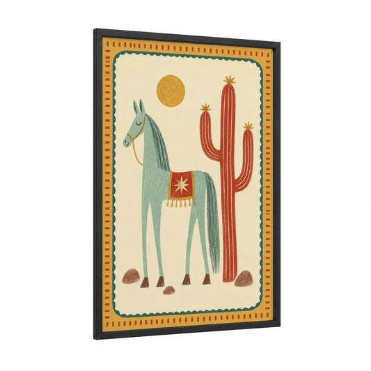 Desert Horse and Cactus Wall Art framed art print — black wood frame — turquoise and cream palette