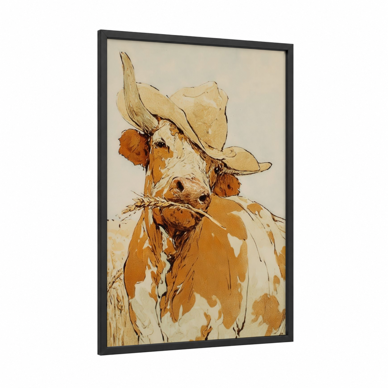 Cowboy Longhorn framed longhorn cow print — black wood frame — cream and russet palette