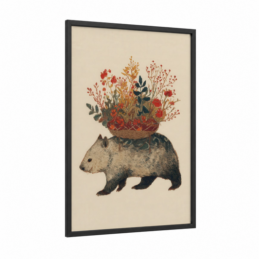 Floral Wombat framed art print — black wood frame — cream and russet palette