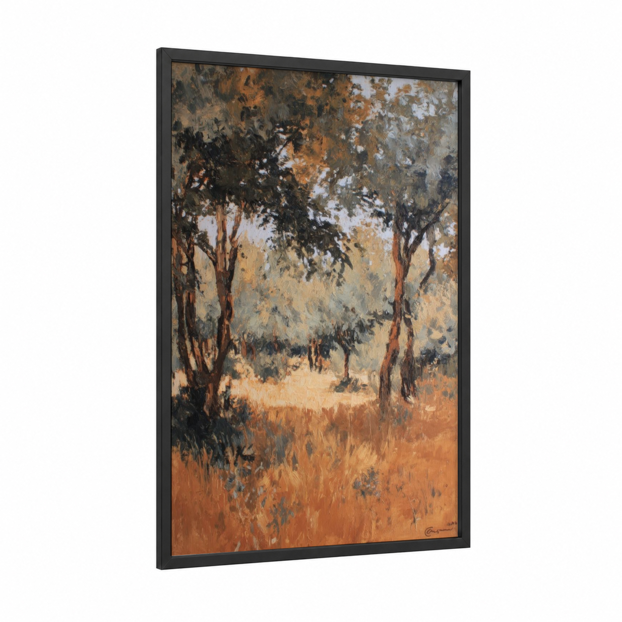 Golden Savanna Trees framed savanna and desert trees print — black wood frame — gold and brown palette
