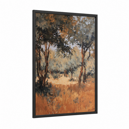 Golden Savanna Trees framed savanna and desert trees print — black wood frame — gold and brown palette