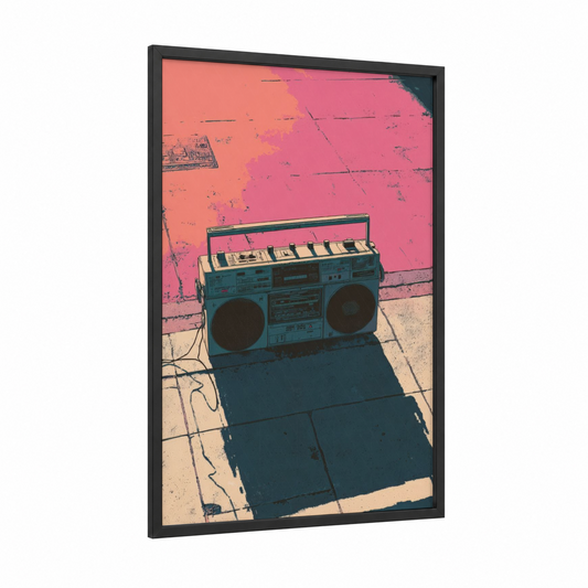 Retro Boombox framed art print — black wood frame — pink and gold palette