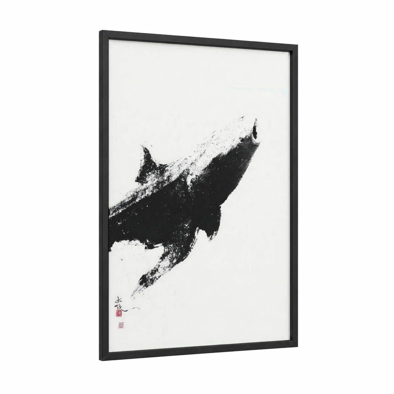 Ascending Whale Shark framed art print — black wood frame — black and white palette