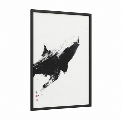 Ascending Whale Shark framed art print — black wood frame — black and white palette