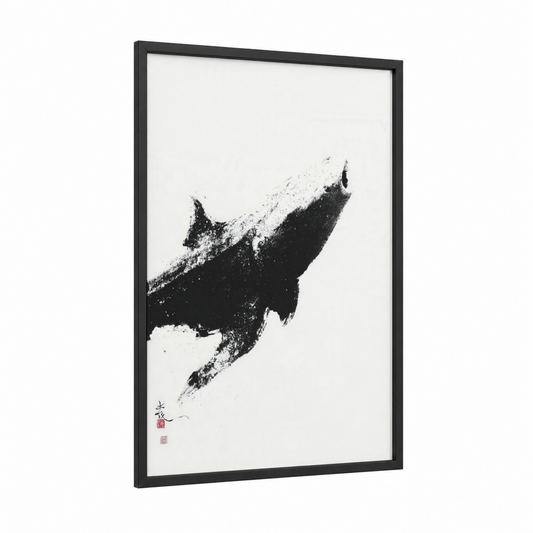 Ascending Whale Shark framed art print — black wood frame — black and white palette