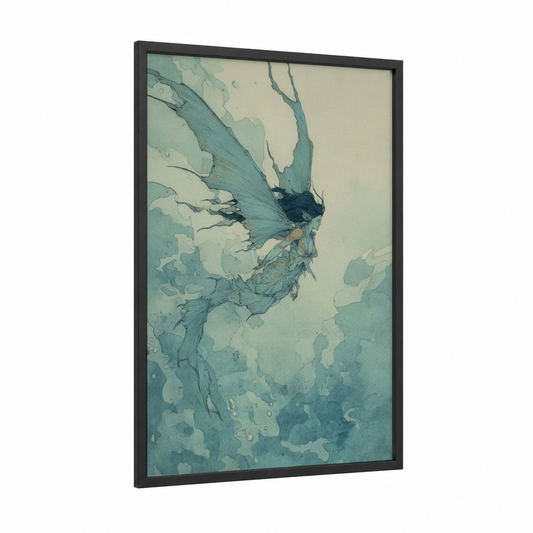 Ethereal Mermaid framed art print — black wood frame — teal and cream palette