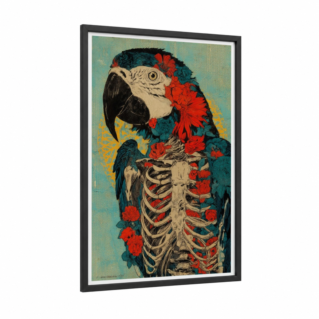 Skeleton Macaw framed art print — black wood frame — teal and red palette