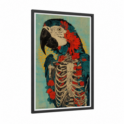 Skeleton Macaw framed art print — black wood frame — teal and red palette