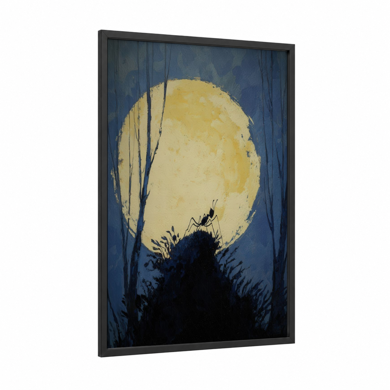 Moonlit Ant framed art print — black wood frame — dark blue and yellow gold palette